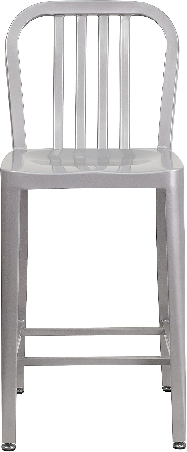 Flash Furniture Gael Commercial Grade 2 Pack 24" High Silver Metal Indoor-Outdoor Counter Height Stool with Vertical Slat Back