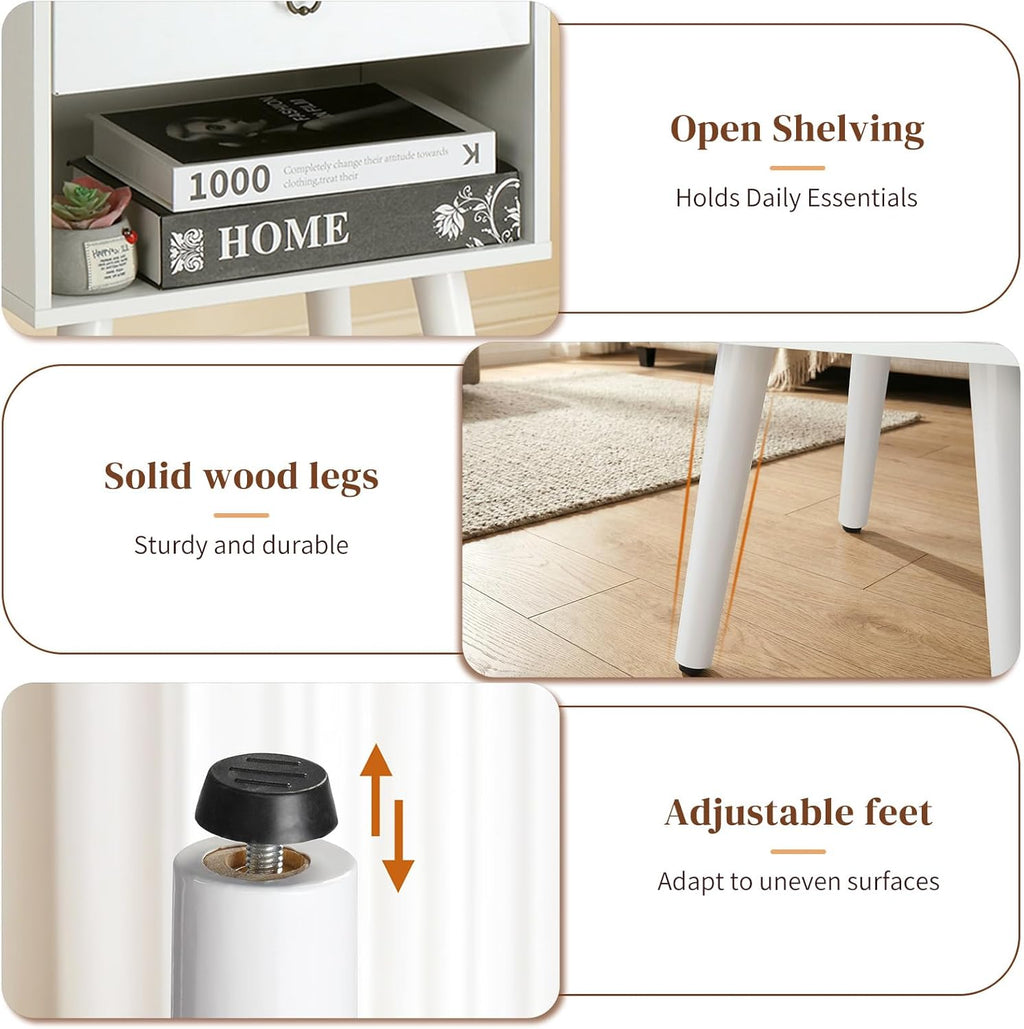 Bonnlo White Nightstand Set of 2, Modern Bedside Table with Drawer Open Shelf, End Table with Solid Wood Legs for Bedroom,