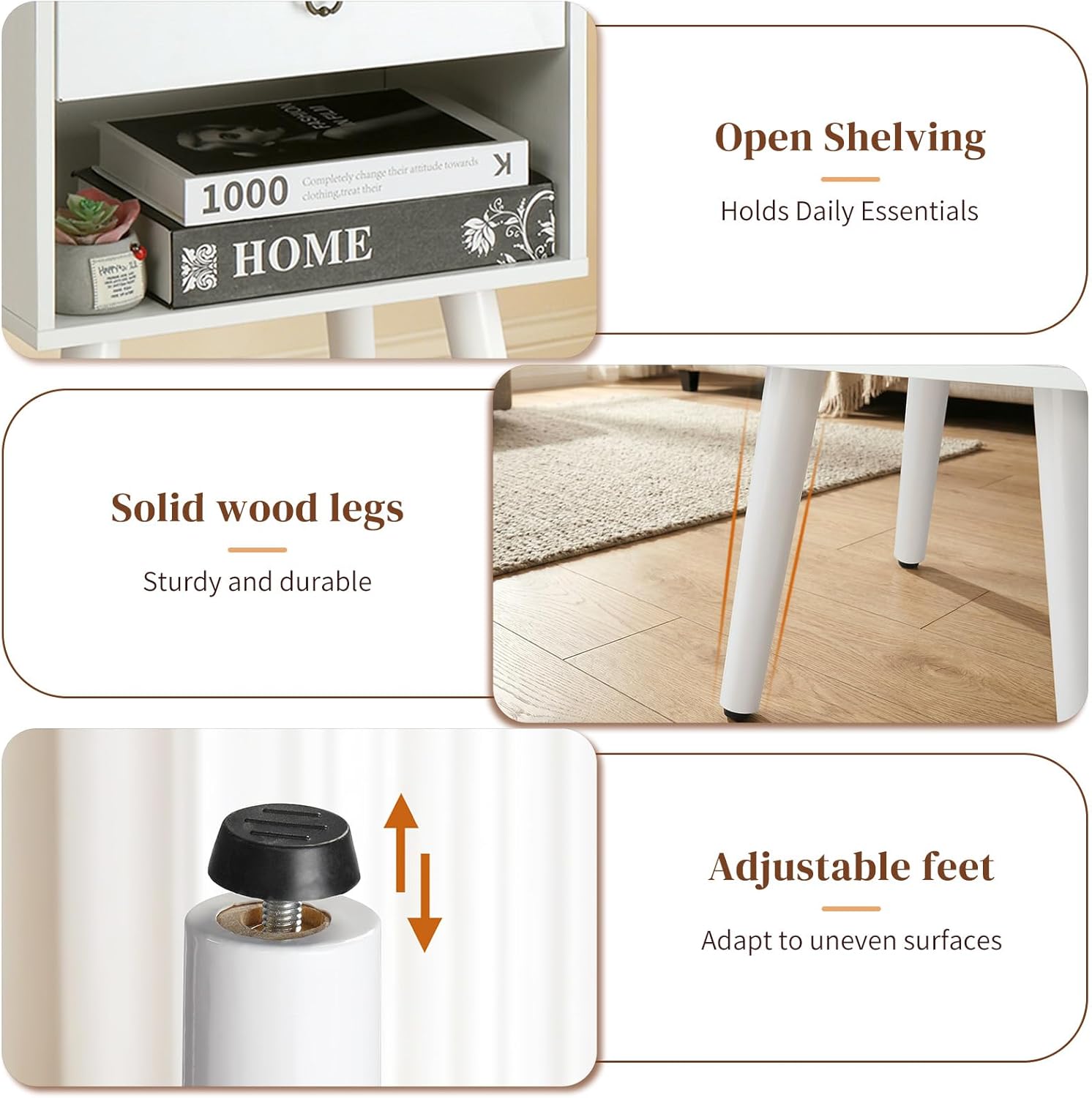 Bonnlo White Nightstand Set of 2, Modern Bedside Table with Drawer Open Shelf, End Table with Solid Wood Legs for Bedroom,