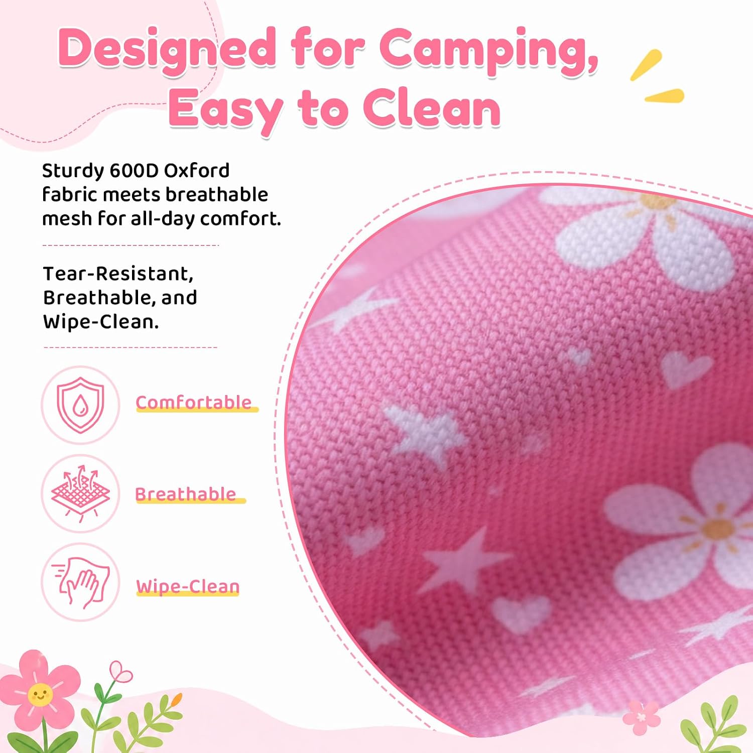 Kids Camping Chair, Kids Beach Chair, Flowers, Carry Bag | Lightweight kids folding chair for camping and beach adventures, perfect as a toddler beach chair with durable steel frame.