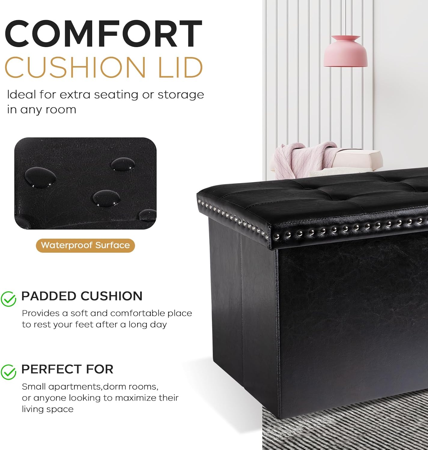 oakvivo Folding Storage Ottoman Bench 30in, Leather Foot Rest Stools Ottoman with Storage, Coffee Table, End of Bed Bench Footstool for Living Room, Bedroom, Load 330 lb, 30x15x15 inches, Black