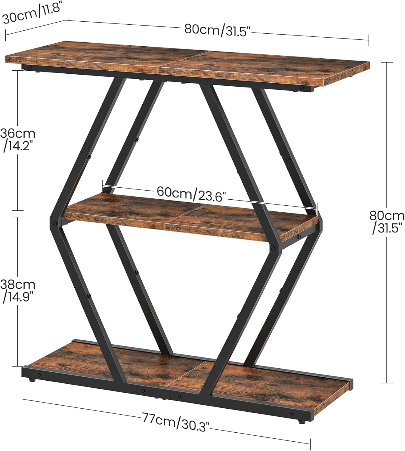 CHOEZON 3-Tier Console Table, Entryway Table, Sofa Table with Open Shelves, Diamond-Shaped Behind Coach Table, Industrial, for Hallway, Entryway, Living Room, Stairwell, Rustic Brown and Black TXG08BF