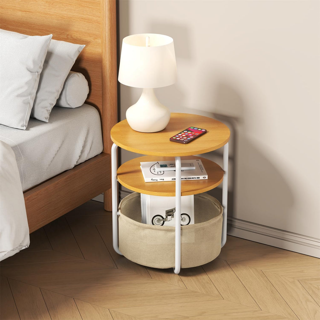 Small Round Side Table with Storage Bag, 3-Tier Accent Round End Table with Fabric Bin, 23.6" High Vintage Small Corner Table for Compact Spaces, Sofa Side Table, Nightstand for Bedroom