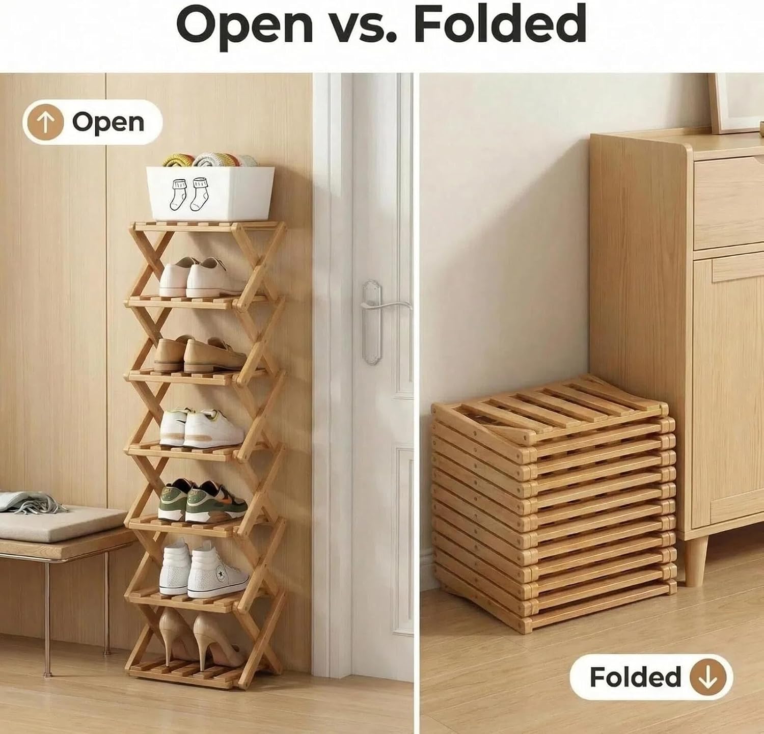 Foldable Bamboo Shoe Rack, 9-Tier No Assembly Shoe Organizer, Space-Saving Free Standing Shoe Storage Shelf for Entryway, Hallway, Closet, Holds 7-14 Pairs of Shoes, Natural Bamboo Finish (Bamboo, 7)