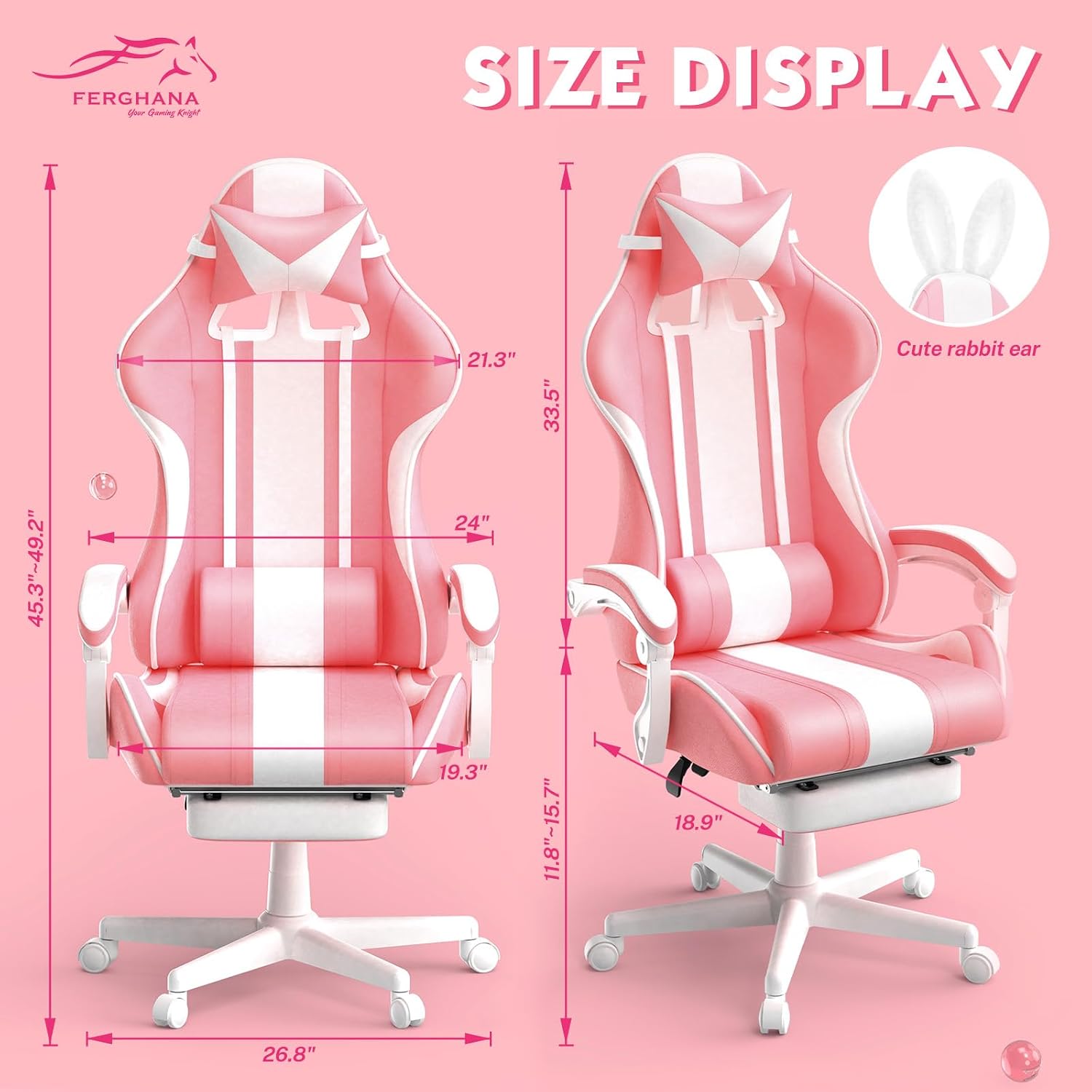 Ferghana Kawaii Pink Gaming Chair with Bunny Ears, Ergonomic Cute Gamer Chair with Footrest and Massage, Racing Reclining Leather Office Computer Game Chair 250lbs for Girls Adults Teens Kids