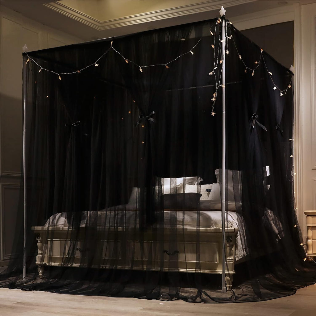 VETHIN 4 Corners Post Princess Bed Canopy Curtain Double Layer Cozy Drape Netting 4 Opening Mosquito Net for Girls & Adults Bedroom Decoration Accessories (Double Black, 53" W*78" L*82"*H/(Full))