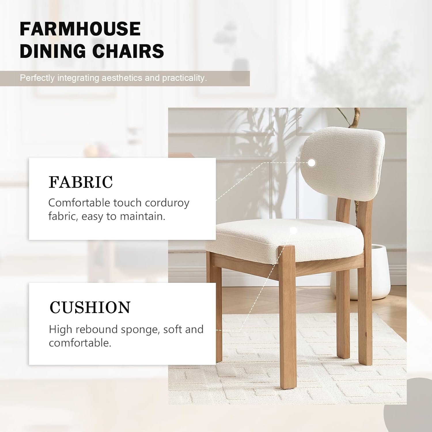 Wooden Dining Chairs Set of 4, Mid Century Modern Chenile Upholstered Dining Room Chair Kitchen Chairs with Solid Wood Legs, Farmhouse Dinner Chair for Kitchen Restaurant Living Room, Beige