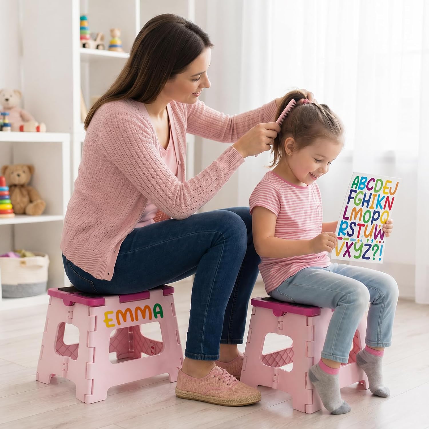 Delxo 9 Inch Folding Step Stool for Kids - Includes 3 Alphabet Letter Stickers & 2 Non-Slip Grip Pads, Sturdy Foldable Foot Stool for Toddlers, Kitchen, Bathroom & Bedroom (Pink)