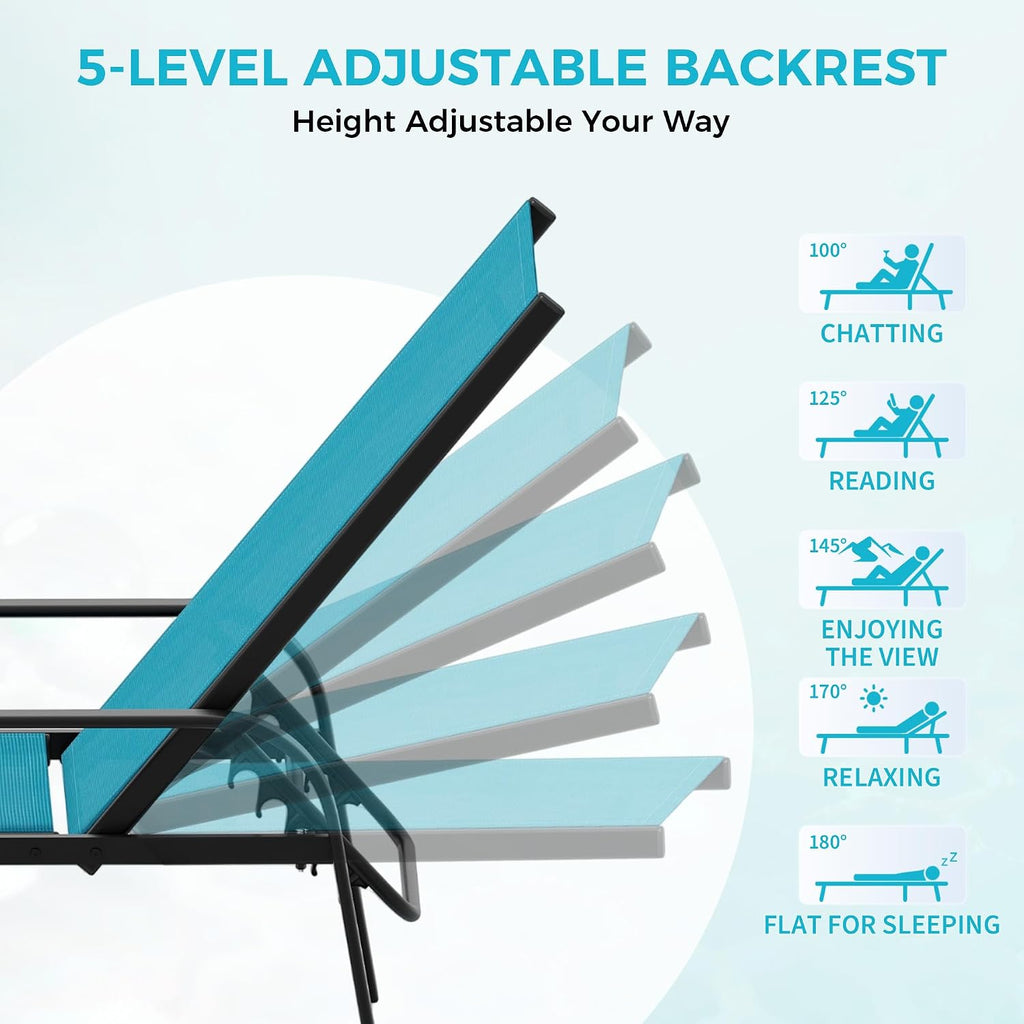 Garvee Outdoor Lounge Chair, Adjustable Patio Reclining Chaise with Textilene Fabric, Pool Lounge Chair with 5-Position Backrest for Patio, Garden, Poolside & Balcony,Sky Blue Set of 4