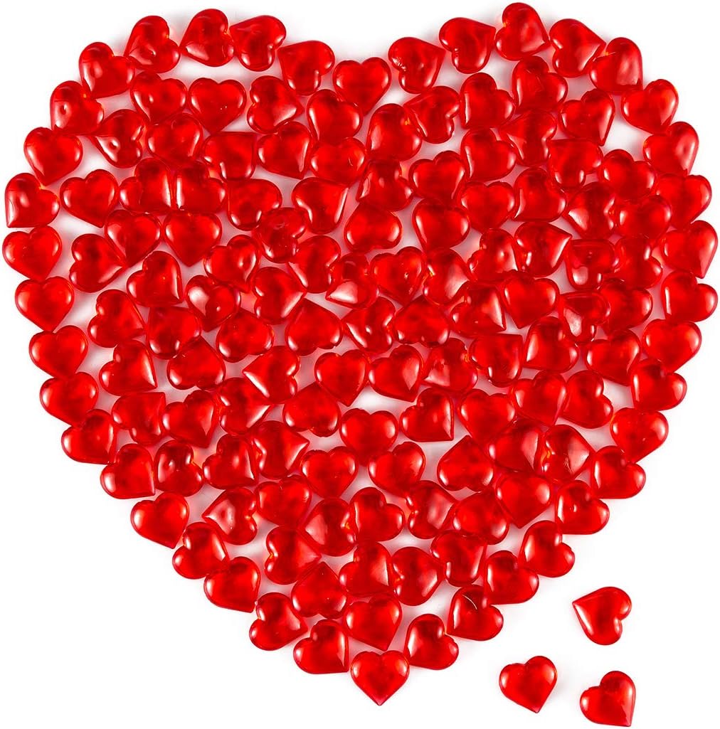 150 Pieces Red Acrylic Heart Shaped Crystals Gems | Translucent, Table Scatter, Valentine's Day & Wedding Decoration, Vase Filler