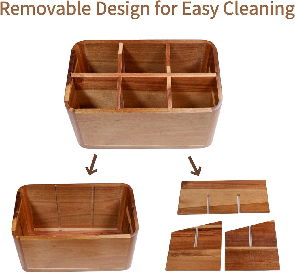 Wooden Kitchen Utensil Holder Organizer for Counter or Countertop, Large Wooden Utensil Holder for Storage Cooking and Silverware with 6 Compartment, Acacia Rustic Wood Container Extra Large