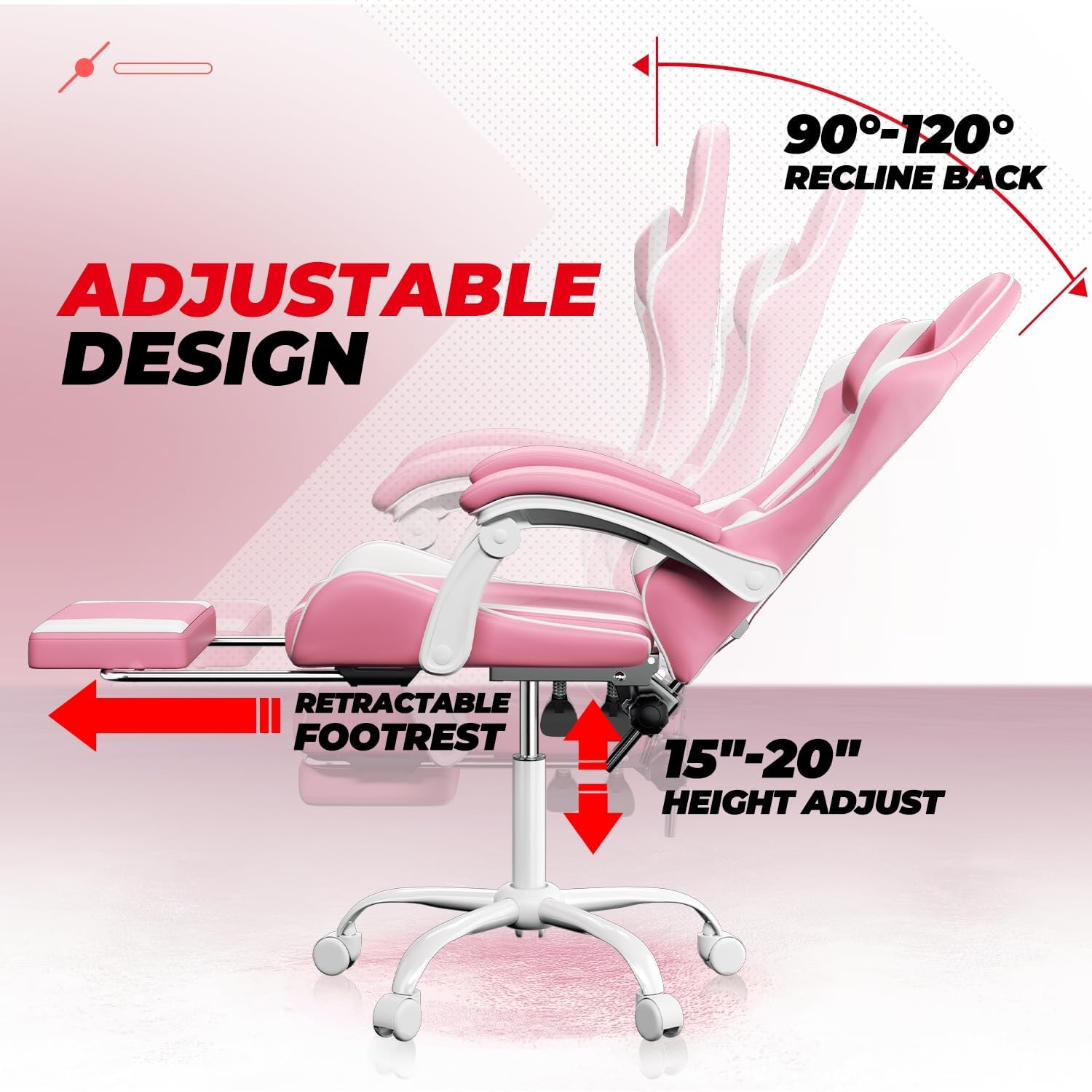 Auto Dynasty Ergonomic Gaming Chair, High-Back Office Chair w/Adjustable Lumbar Support, Linkage Armrest, Headrest & Footrest, 350LBS Recliner Swivel Computer Game Racing Chair, Pink/White
