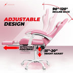 Auto Dynasty Ergonomic Gaming Chair, High-Back Office Chair w/Adjustable Lumbar Support, Linkage Armrest, Headrest & Footrest, 350LBS Recliner Swivel Computer Game Racing Chair, Pink/White