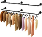 Wall Mounted Clothes Rack 52.6in, Industrial Pipe Clothing Racks Wall Mount, Heavy Duty Detachable Iron Garment Bar, Saving Space, Multi-Purpose Hanging Rod for Bedroom, Laundry Room, 2 Packs