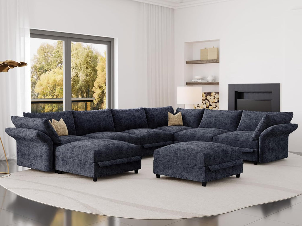 DreamDashio 159" 8-Seat U-Shaped Sectional Sofa, Oversized Modular Cloud Couch with Storage, Adjustable Arms & High Back, Dark Grey Chenille for Large Living Room