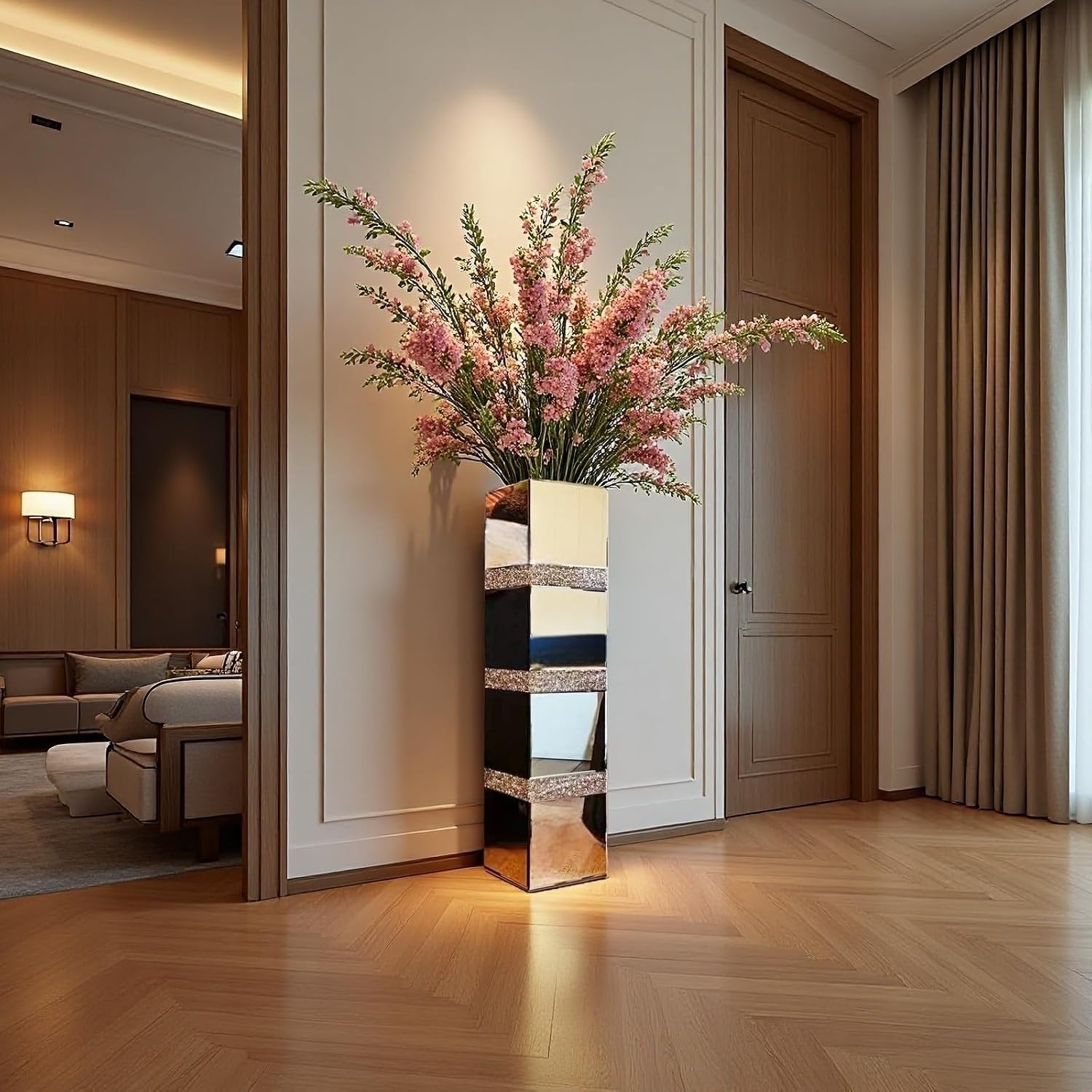 30" Large Crushed Diamond Floor Vases,Tall Mirrored Silver Crystal Vase, Floor Vases Decorative Tall,Big vase for Home,Office,Hotel (8" L x 8" W x 30" H)