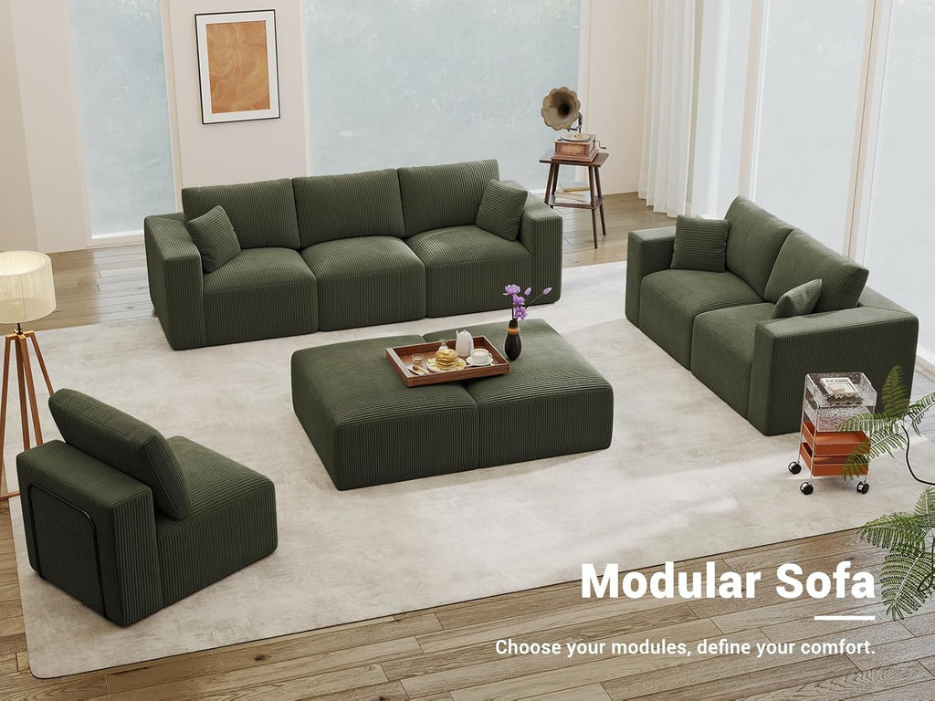 Modular Loveseat Couch Cloud Couches for Living Room - 79" Boneless Sofa - No Assembly Required, Cozy Corduroy Convertible Full Sponge Compression Sofas for House, Apartment(Green)