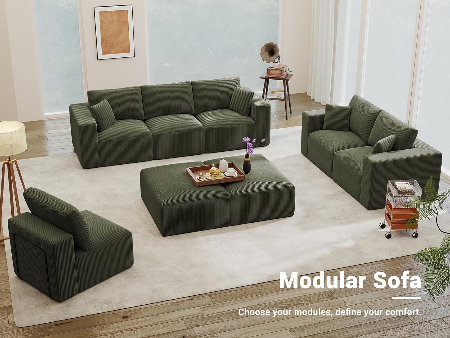 Modular Loveseat Couch Cloud Couches for Living Room - 79" Boneless Sofa - No Assembly Required, Cozy Corduroy Convertible Full Sponge Compression Sofas for House, Apartment(Green)
