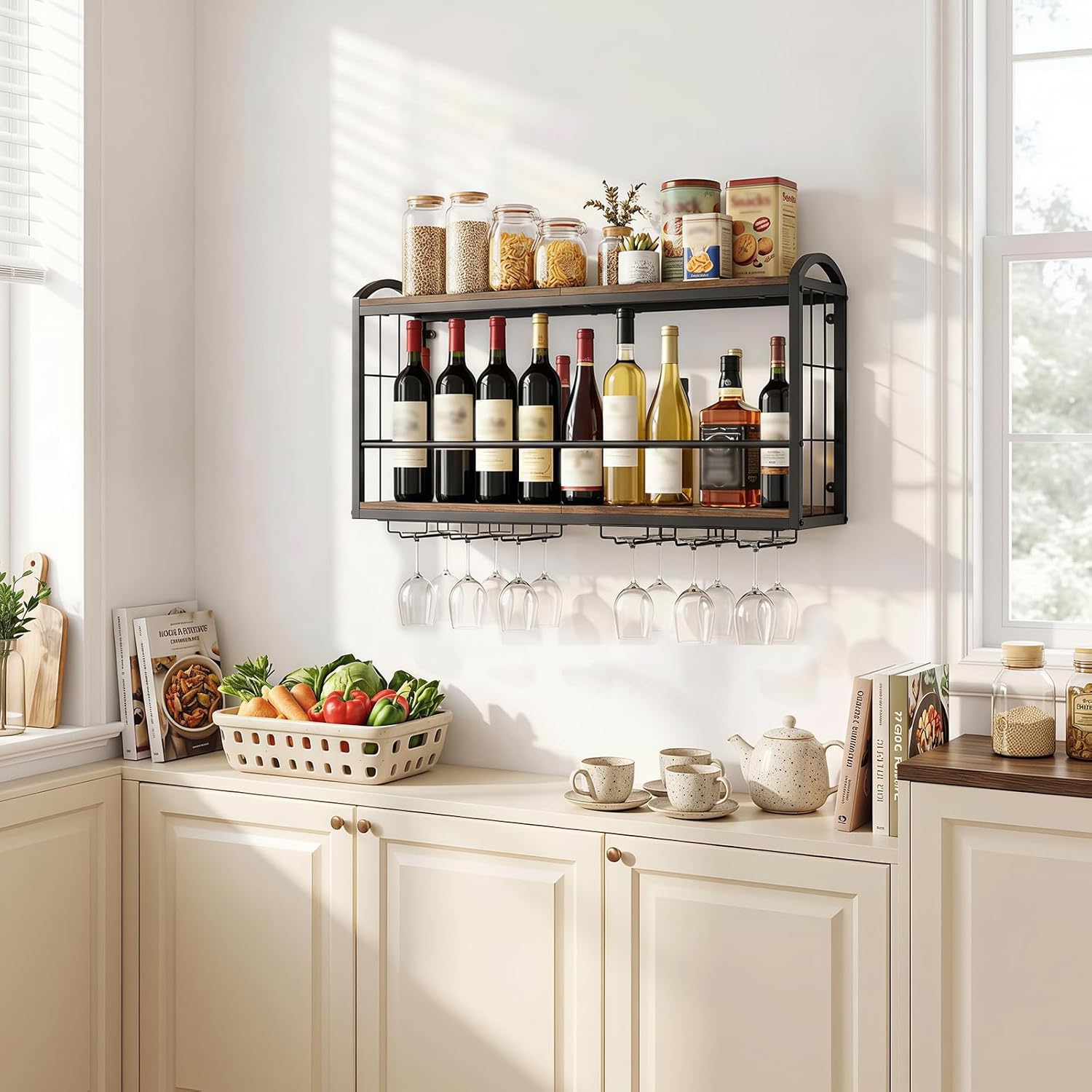 Wall Mounted Wine Rack, Floating Bar Shelf with 2 Tier Wood Shelves and Wine Glass Holder, Rustic Industrial Wine Storage Organizer for Kitchen Dining Room Home Bar (Model B)
