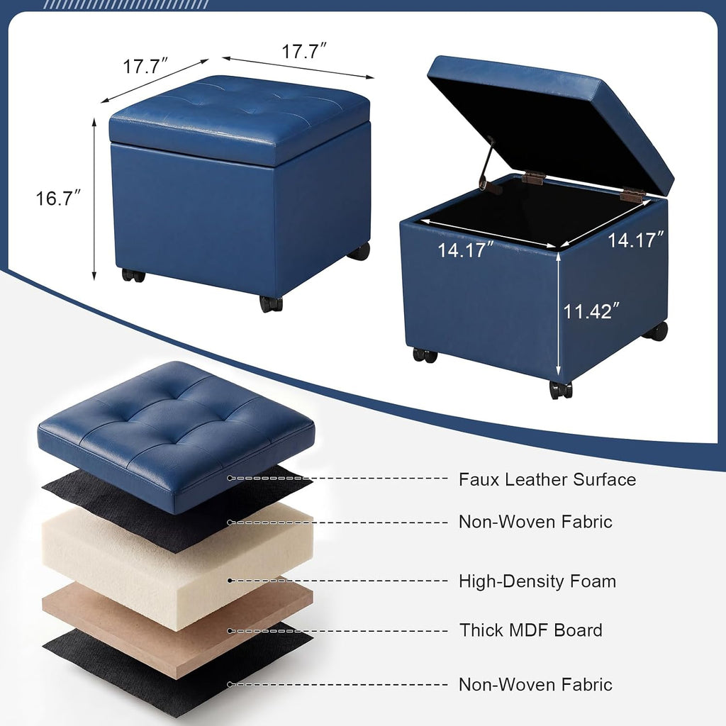 Homebeez Faux Leather Storage Ottoman with Steerable Rolling Wheels, 17.7" Square Small Foot Rest Stool Tufted Cube Footstool with Hinged Lid, Load 300 lb, for Living Room, Bedroom, Entryway, Blue