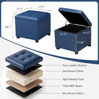 Homebeez Faux Leather Storage Ottoman with Steerable Rolling Wheels, 17.7" Square Small Foot Rest Stool Tufted Cube Footstool with Hinged Lid, Load 300 lb, for Living Room, Bedroom, Entryway, Blue