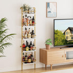 5-Tier Wine Rack Wall Mounted, Wine Racks Freestanding Floor with Fences, 50 Bottles Wine Bottle Holder Liquor Cabinet Bar Shelves for Home, Kitchen, Dining Room (Gold)