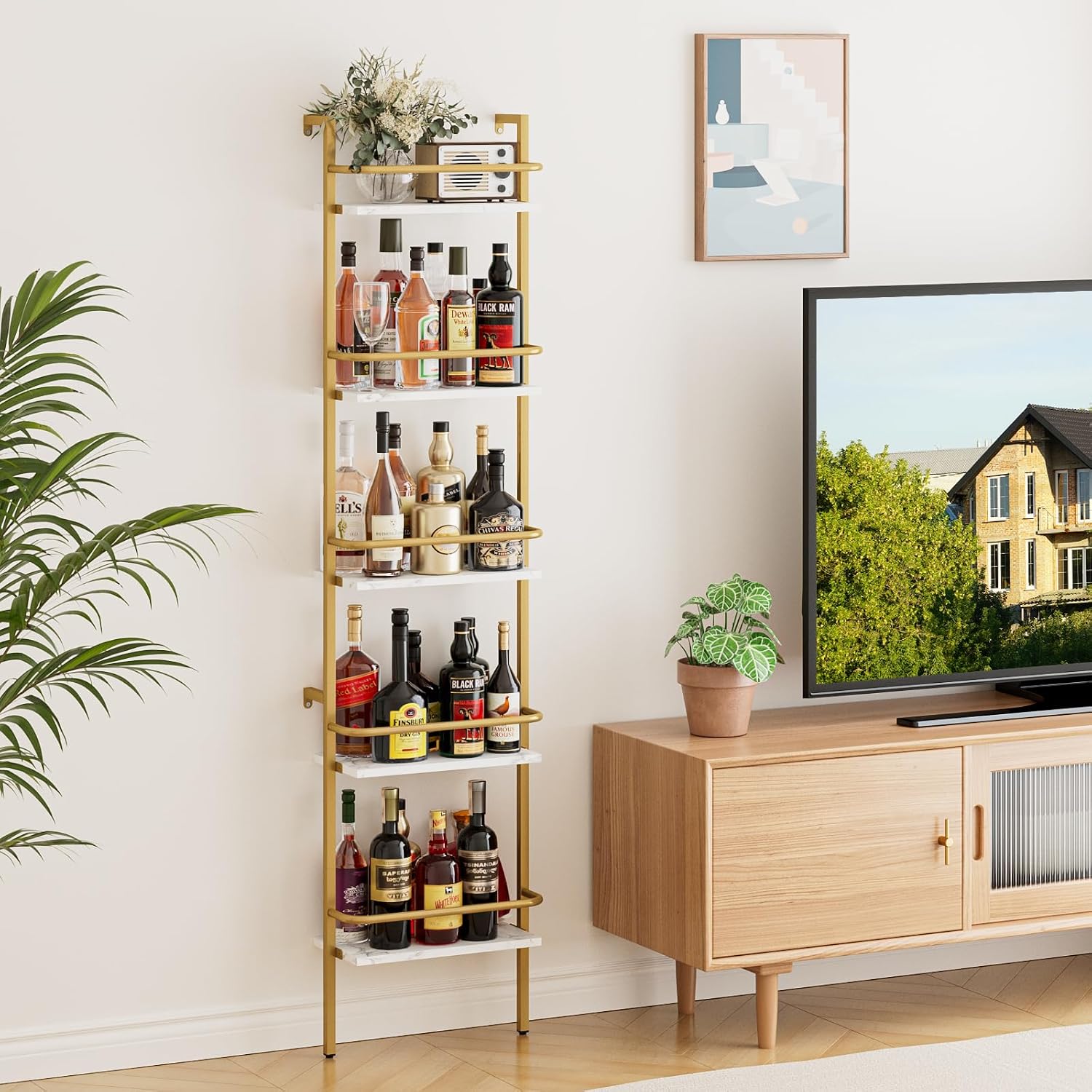 5-Tier Wine Rack Wall Mounted, Wine Racks Freestanding Floor with Fences, 50 Bottles Wine Bottle Holder Liquor Cabinet Bar Shelves for Home, Kitchen, Dining Room (Gold)