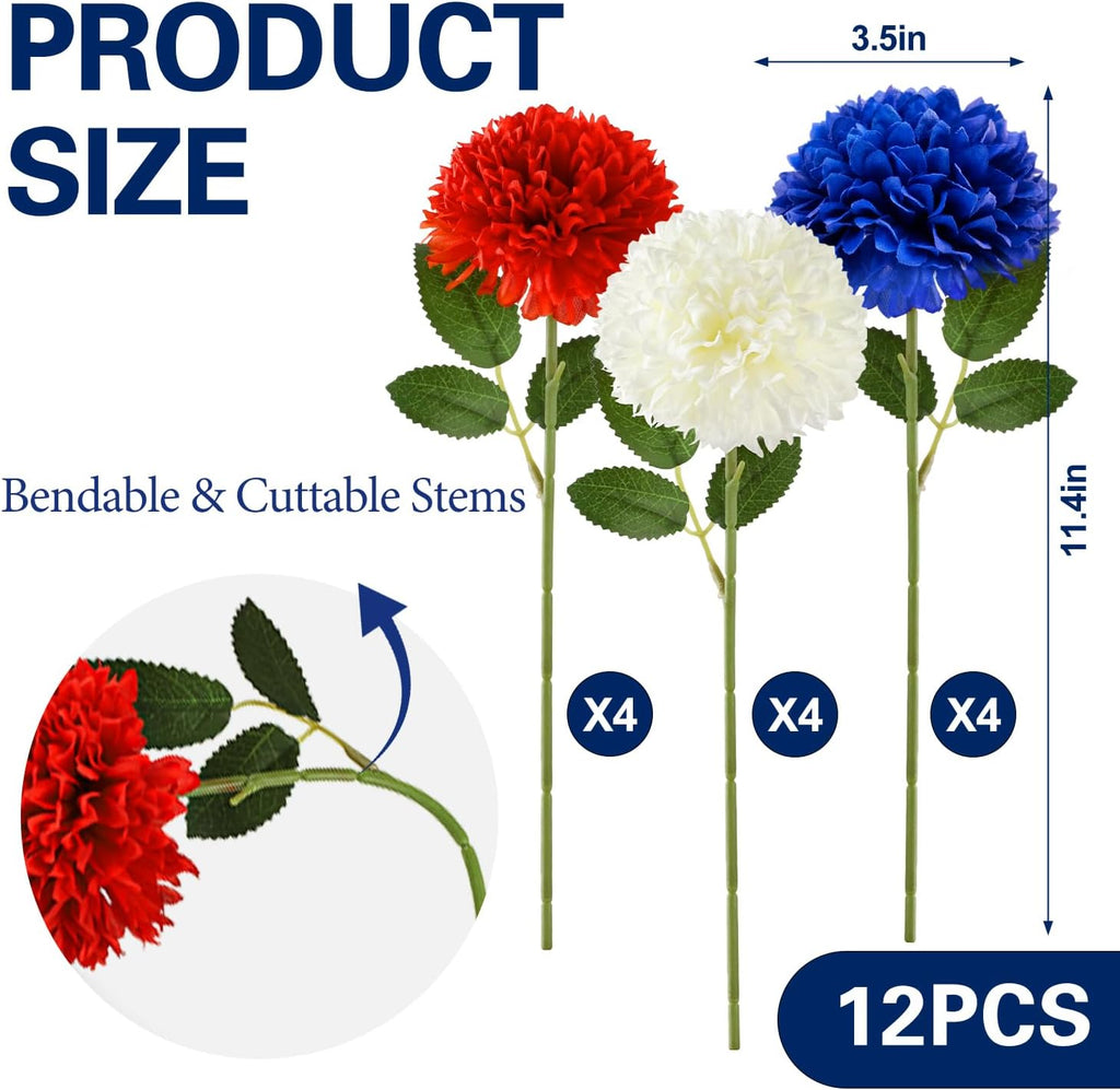 Yunfan 4th of July Decorations Patriotic Decor 12Pcs Artificial Flowers Red White and Blue for Independence Memorial Veterans Labor Fourth of July Home Party Centerpiece Vase