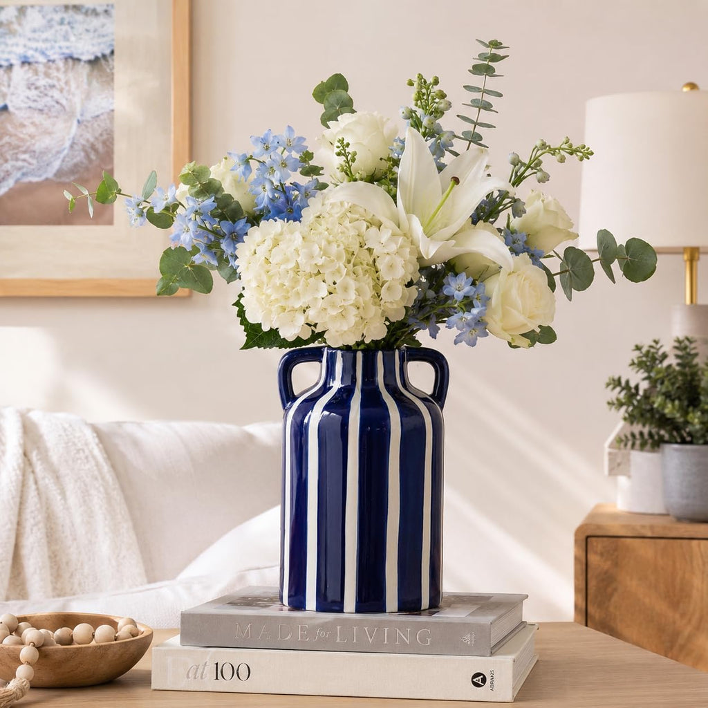 SURE YUESI Blue Ceramic Vase with Handles, Modern Farmhouse Striped Decorative Vase, 9.1" Art Deco Tall Flower Vases for Pampas Grass, Shelf Decor, Dining Table Centerpiece, Living Room Home Decor