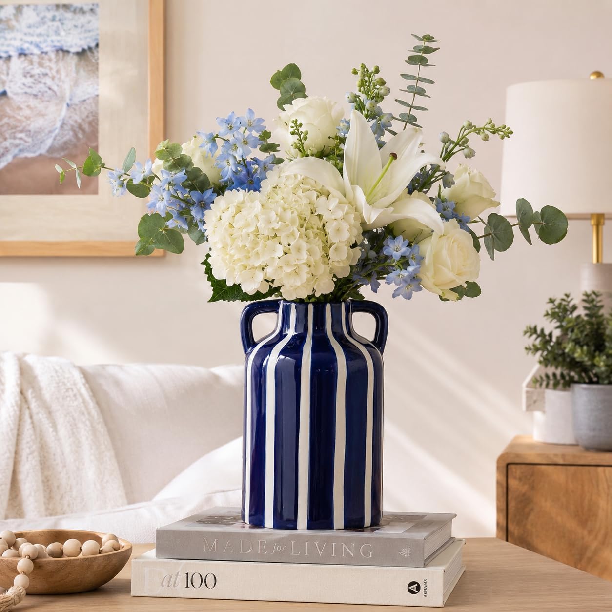 SURE YUESI Blue Ceramic Vase with Handles, Modern Farmhouse Striped Decorative Vase, 9.1" Art Deco Tall Flower Vases for Pampas Grass, Shelf Decor, Dining Table Centerpiece, Living Room Home Decor