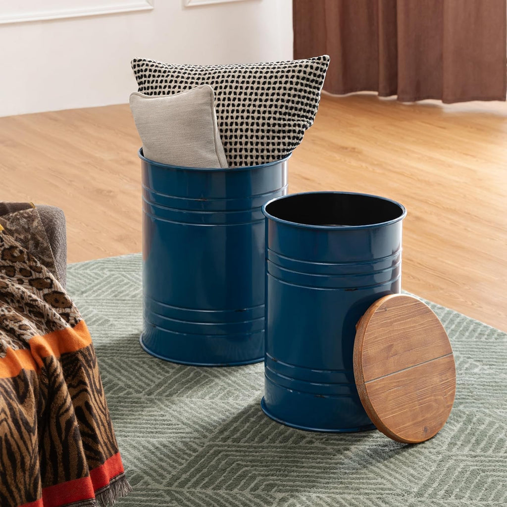 Glitzhome Farmhouse Accent Side Table, Metal Storage Stool Ottoman with Round Lid - Galvanized Coffee Cocktail End Tables Set of 2 for Living Room Bedroom, Navy Blue