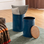 Glitzhome Farmhouse Accent Side Table, Metal Storage Stool Ottoman with Round Lid - Galvanized Coffee Cocktail End Tables Set of 2 for Living Room Bedroom, Navy Blue