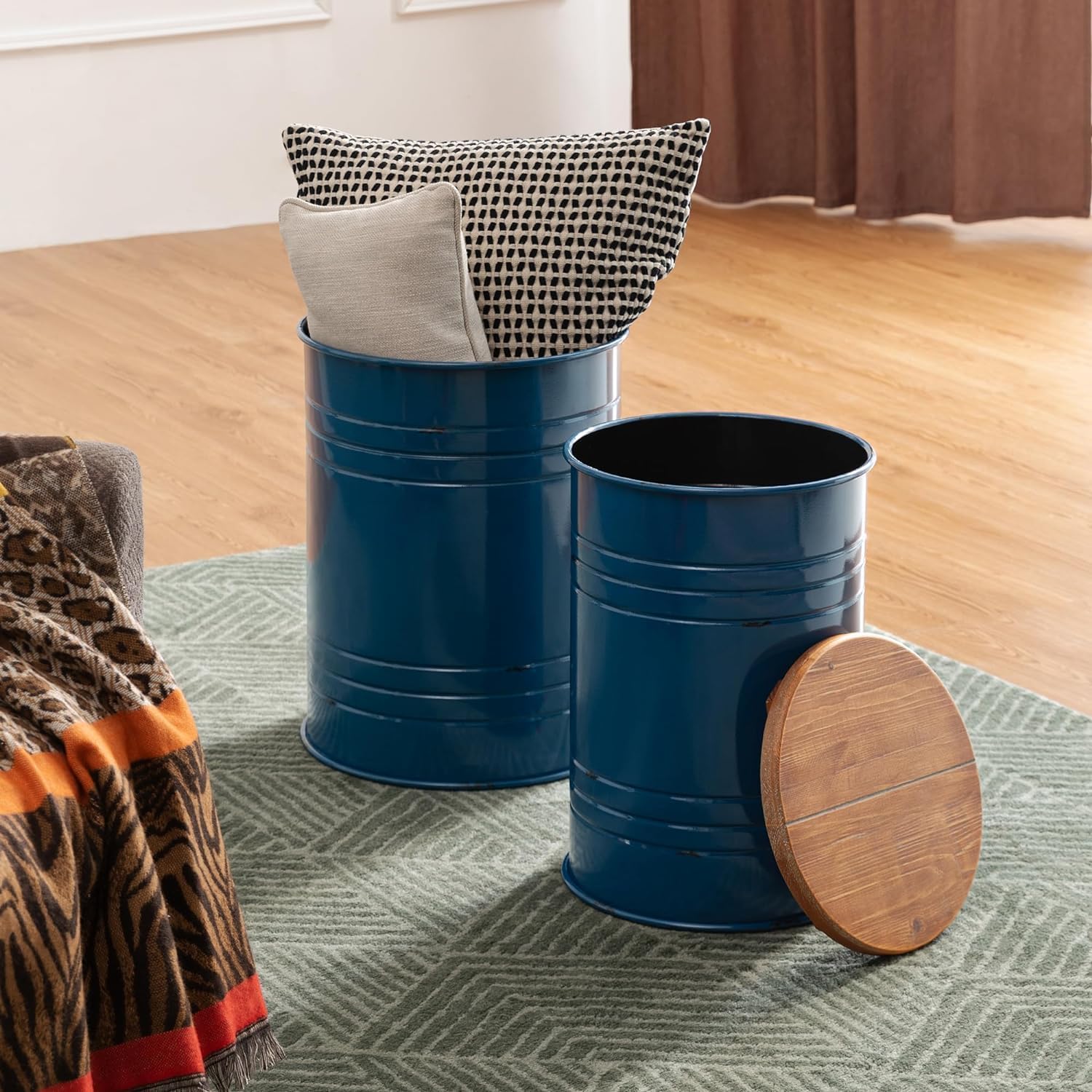 Glitzhome Farmhouse Accent Side Table, Metal Storage Stool Ottoman with Round Lid - Galvanized Coffee Cocktail End Tables Set of 2 for Living Room Bedroom, Navy Blue