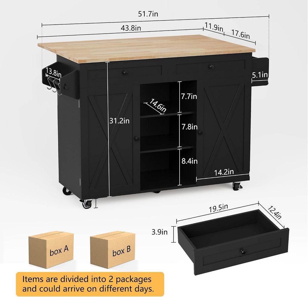 HLR Kitchen Island On Wheels, Black Rolling Kitchen Island Cart with Drop Leaf Countertop, Barn Door Kitchen Islands Table with Storage Cabinet and Tower Rack, Island Table for Kitchen