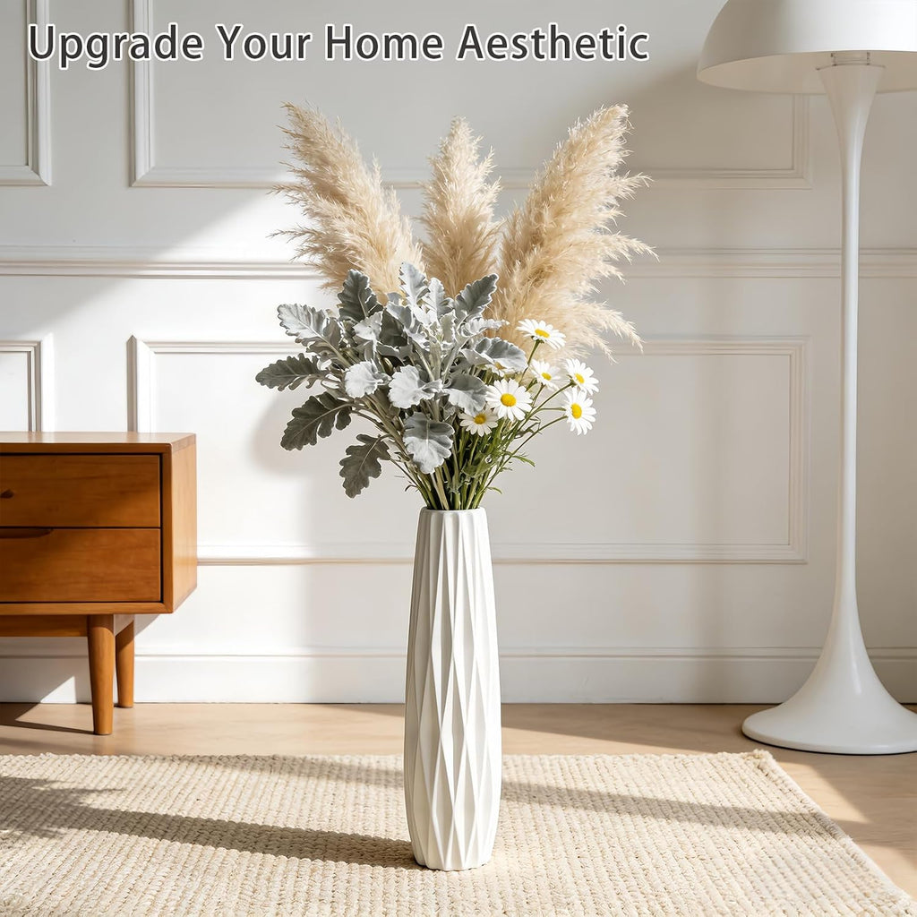 White Tall Ceramic Floor Vase, 17.7 Inch, Ribbed Design, Large Vase | Glossy Glazed Finish, Narrow Corners, Entryway, Bedroom, Compact Spaces