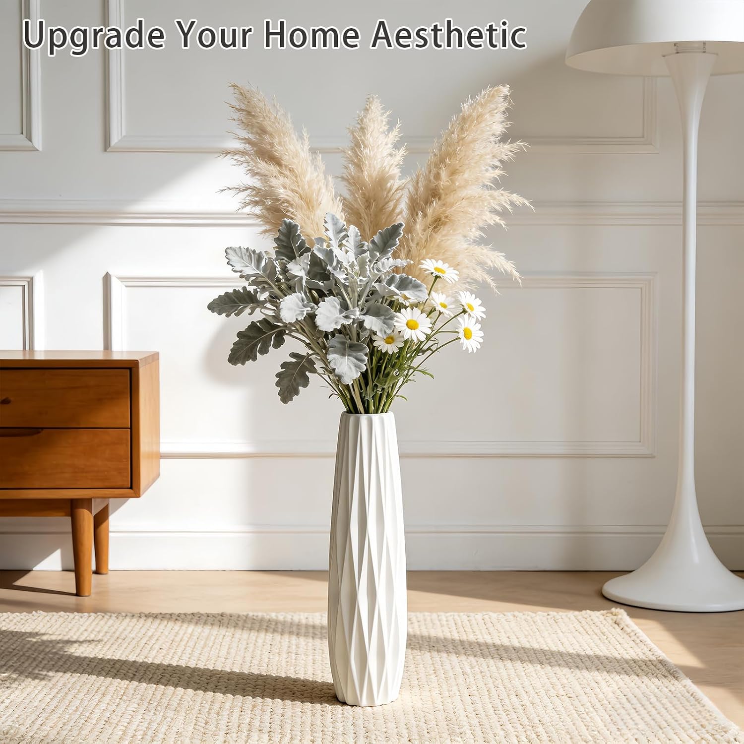 White Tall Ceramic Floor Vase, 17.7 Inch, Ribbed Design, Large Vase | Glossy Glazed Finish, Narrow Corners, Entryway, Bedroom, Compact Spaces
