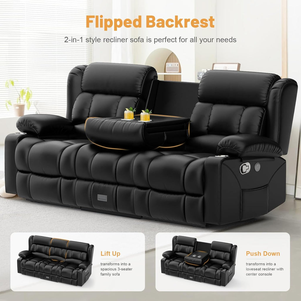 Dresegmt Loveseat Recliner Sofa, Flip Middle Backrest Design PU Leather 3 Seat Reclining Sofa with Storage Drawer, Manual Couch for Living Room/RV (Black, PU)