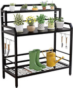 Outdoor Metal Potting Bench Table with Storage,3-Tier Heavy Duty Garden Workbench,All-Weather Gardening Table with 4 Side Hooks,18" D x 39" W x 32" - 47" H,Black