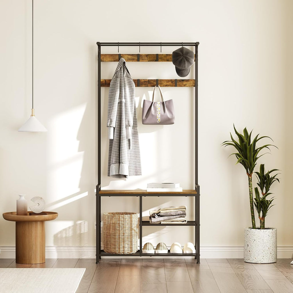 YATINEY Coat Rack Shoe Bench, 4-in-1 Hall Tree with Storage Shelves and Hanging Rod, Entryway Storage Organizer with 8 Movable Hooks, for Entryway, Hallway, Corridor, Rustic Brown and Black MT12BR