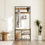 YATINEY Coat Rack Shoe Bench, 4-in-1 Hall Tree with Storage Shelves and Hanging Rod, Entryway Storage Organizer with 8 Movable Hooks, for Entryway, Hallway, Corridor, Rustic Brown and Black MT12BR