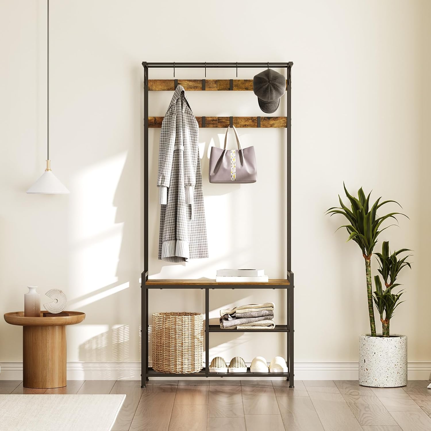 YATINEY Coat Rack Shoe Bench, 4-in-1 Hall Tree with Storage Shelves and Hanging Rod, Entryway Storage Organizer with 8 Movable Hooks, for Entryway, Hallway, Corridor, Rustic Brown and Black MT12BR