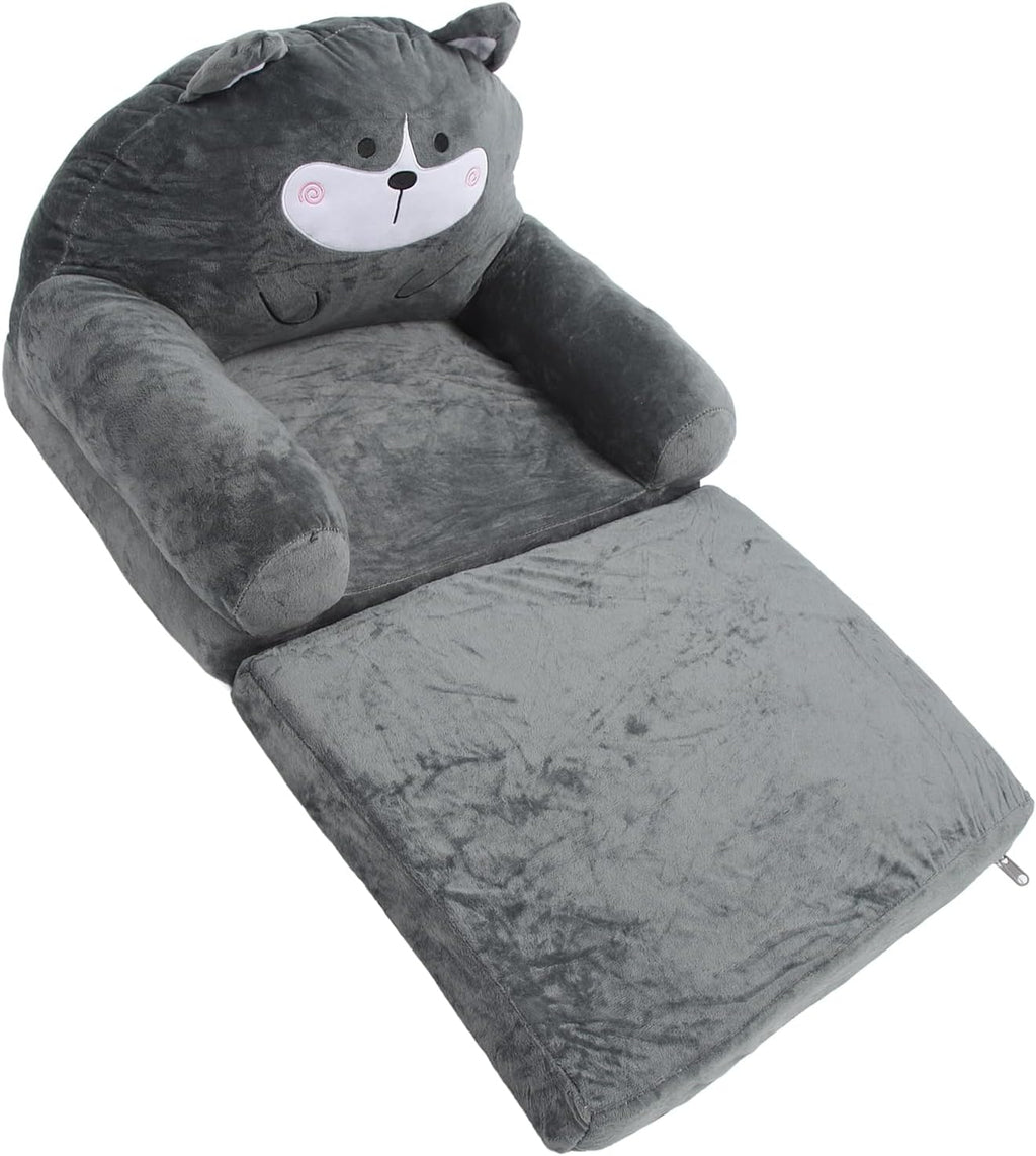 2 in 1 Fold Out Kids Couch, Foldable Toddler Chair and Infant Seat, Soft Cloth Sofa with Sponge Fill, Cartoon Animal Design for Nursery, Home & Travel (Folding in Half)