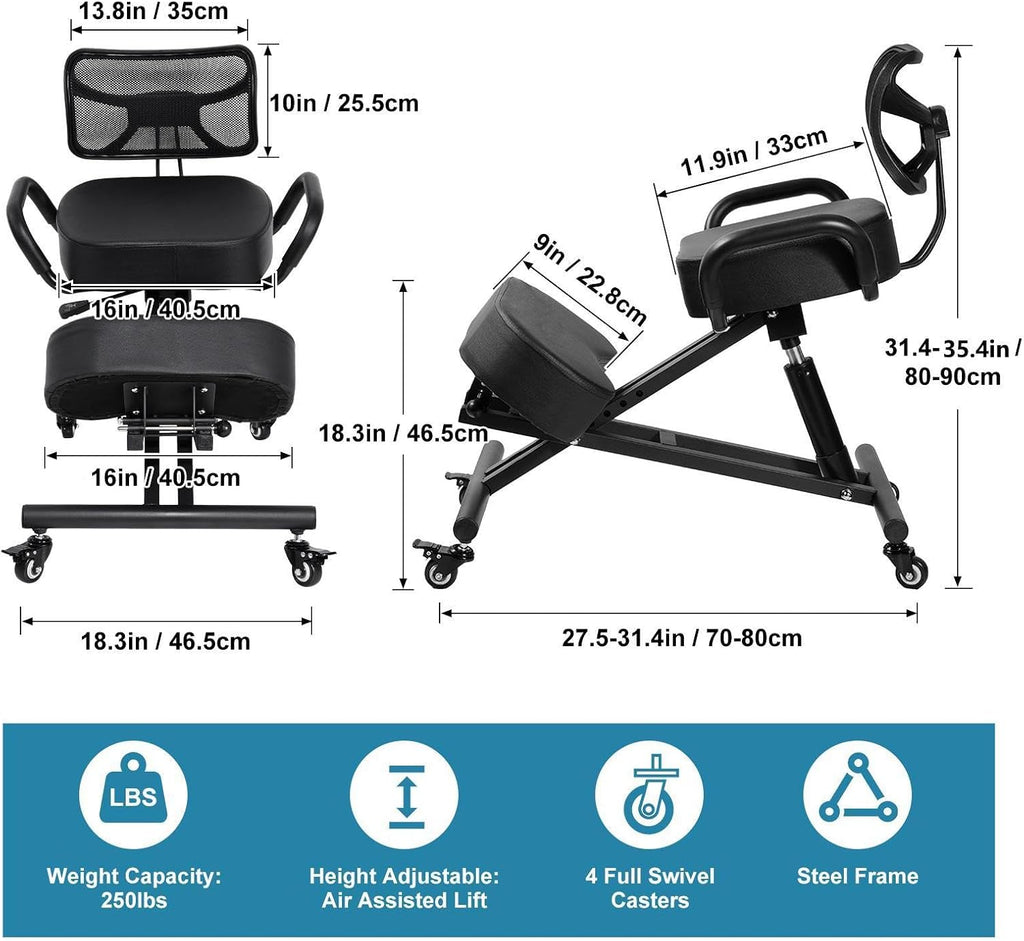 Ergonomic Kneeling Chair with Backrest & Lumbar Support, Adjustable Desk Chair with Wheels & Thick Cushion, Improve Sitting Postures & Relieve Lower Back Pressure, Perfect for Study & Work from Home