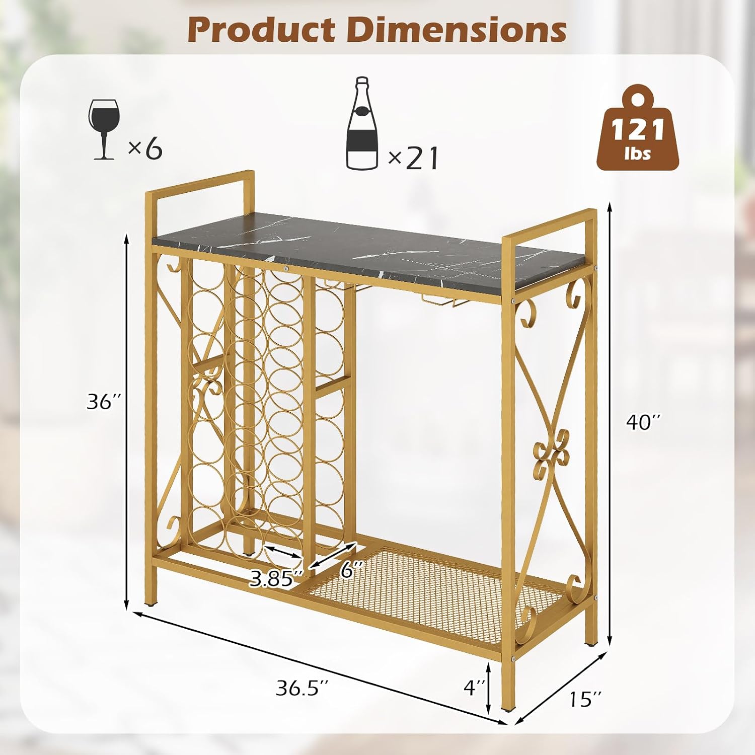 Giantex 21-Bottle Wine Rack Freestanding Floor, Wine Bar Table with 6-Glass Wine Glass Holder, Industrial Wine Display Storage Shelf, Liquor Coffee Bar Cabinet for Home, Dining Room (Gold+Black)