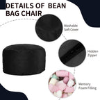 3 Feet Bean Bag Chair, Memory Foam Filled, Removable Cover, Bean Bag Chairs for Adults and Teens, Round Sofa Chair for Living Room, Bedroom and Gaming Room, Black