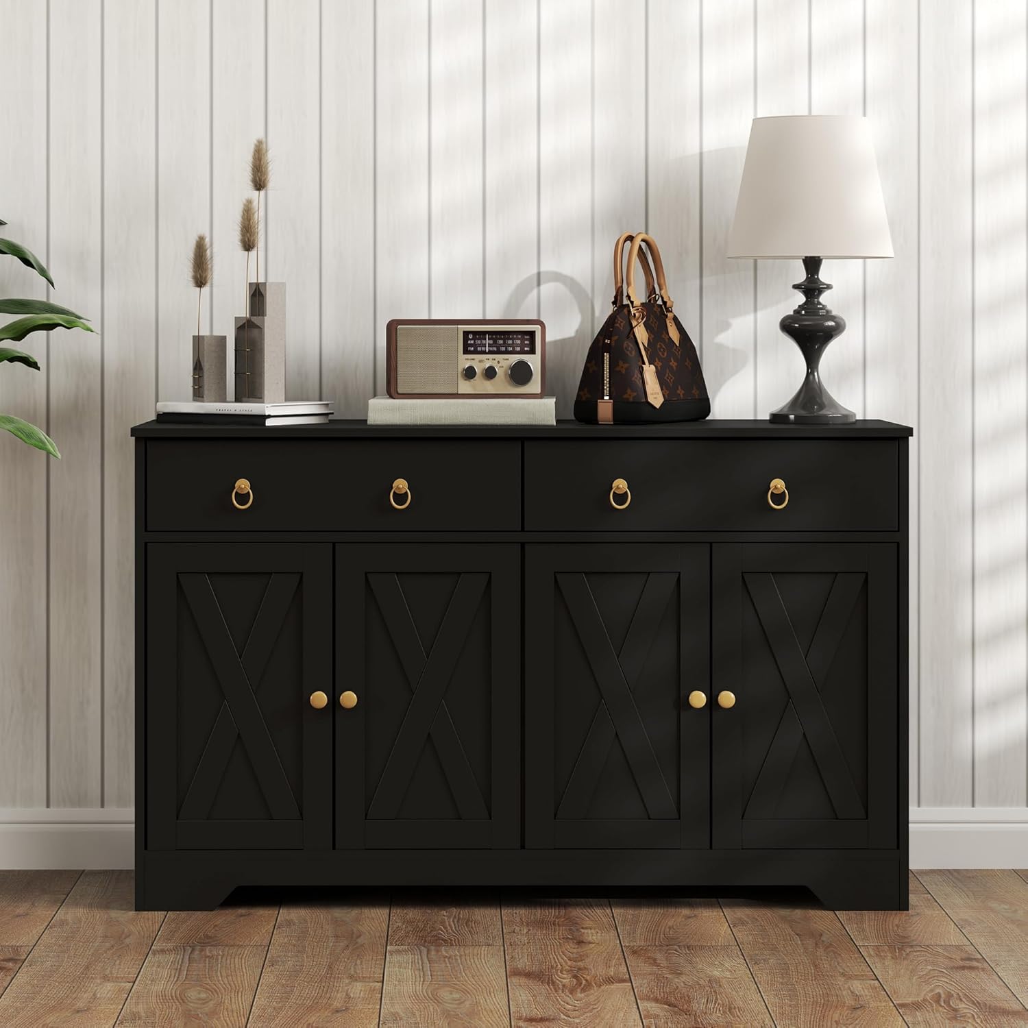HOMCOM 48" Sideboard Buffet with Storage, Kitchen Storage Cabinet with 2 Drawers and 4 Barn Doors, Farmhouse Coffee Bar Cabinet with Adjustable Shelves, Black