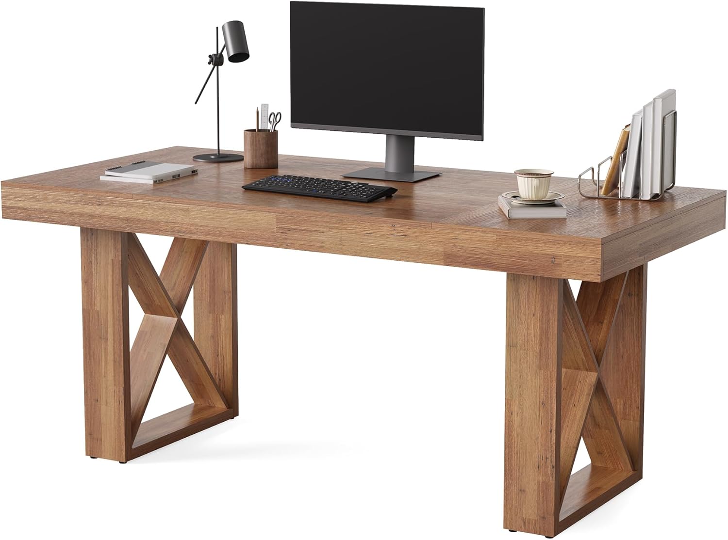 LITTLE TREE 63-Inch Computer Desk, Simple Thick Appearance, Study Gaming Writing Workstation Executive Office Desk for Home, Study Room, Office, Rustic Brown
