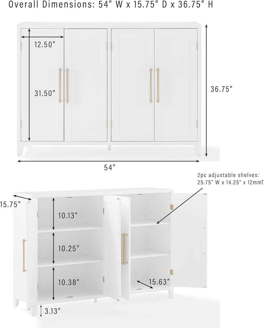 Crosley Furniture Roarke 3-Piece Modern Sideboard Buffet Cabinet and Kitchen Storage Pantry Set, White