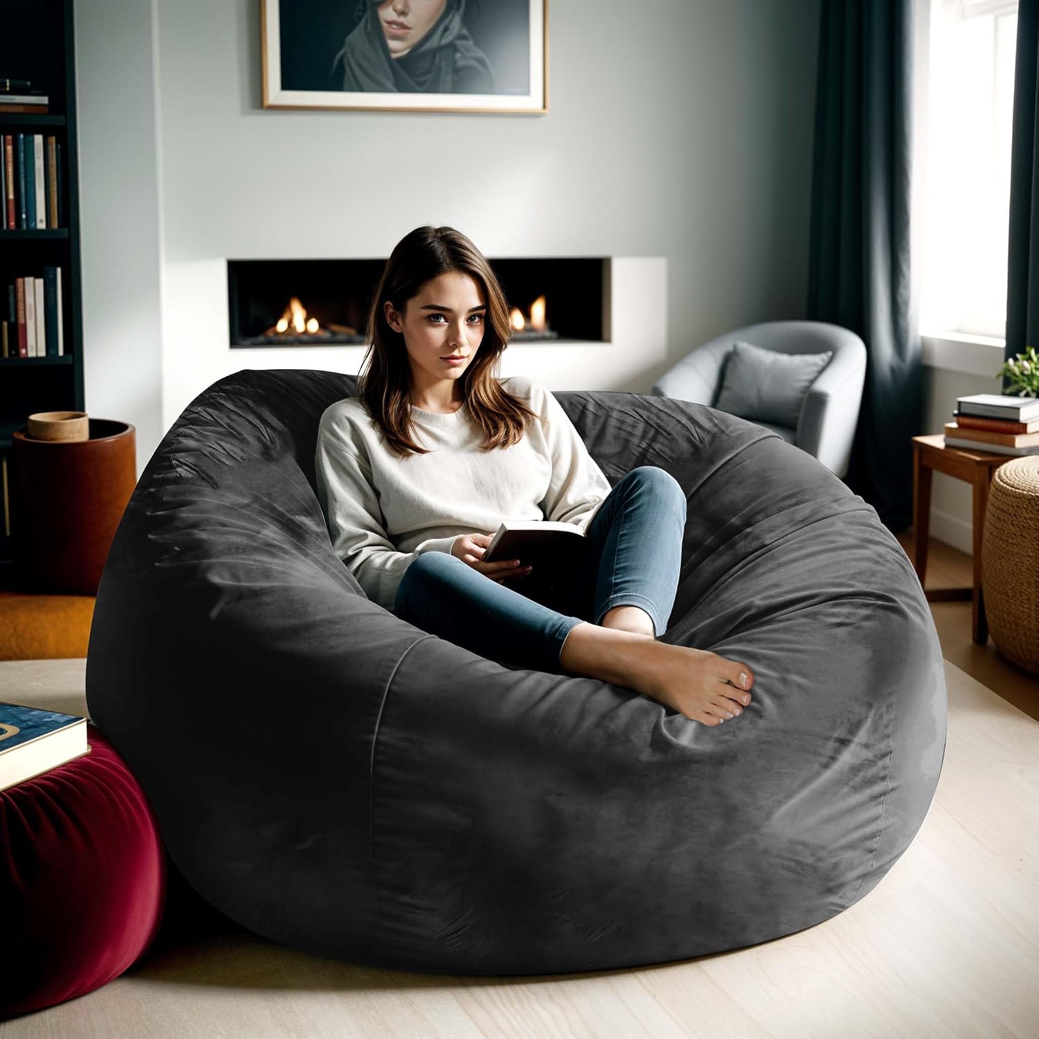 5FT Bean Bag Chair for Adults Memory Foam, Dutch Velvet Cover, Black | Gaming Cozy Chair, Oversized Bean Bag with Backrest & Armrests, Supports Reading, Gaming, Relaxing in Bedrooms, Living Rooms
