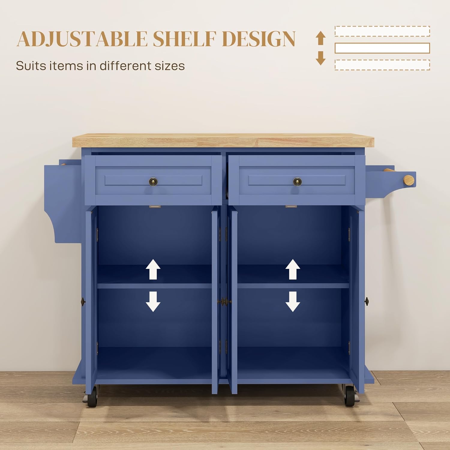 HOMCOM Kitchen Island Cart with Solid Wood Top, 44" Mobile Kitchen Island Table on Wheels with Storage Cabinets, 2 Drawers, Adjustable Shelves, Spice Rack & Towel Bar for Dining Room, Navy Blue